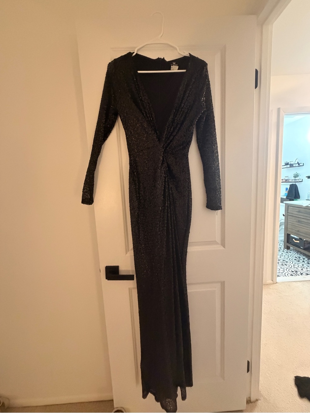 Va Va Voom Black Sequin Long-Sleeve Twist Gown